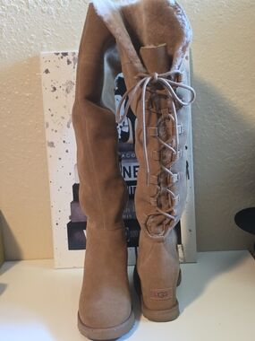 UGG Tall Femme Wedge Lace-Up Suede Boots in Chestnut